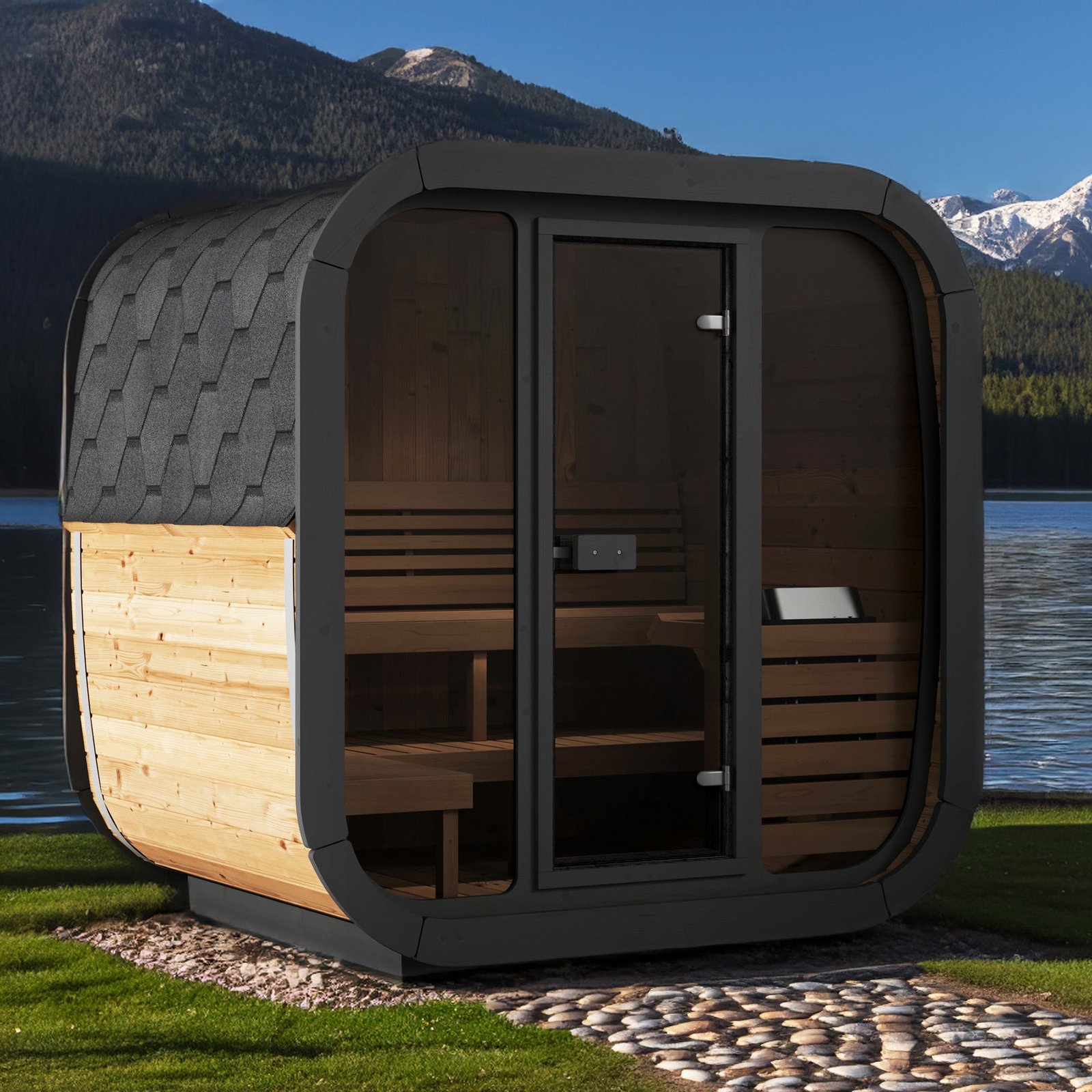 SaunaLife CL5G 4-Person Outdoor Cube Cabin Sauna with Full Glass Front & Led Lighting - Image 7