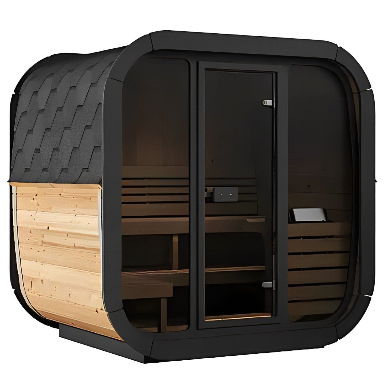 SaunaLife CL5G 4-Person Outdoor Cube Cabin Sauna with Full Glass Front & Led Lighting
