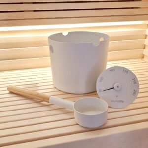 SaunaLife Accessory Package 6 - Aluminum 1-Gallon Sauna Bucket Set with Wood Ladle and Thermometer - White