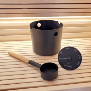 SaunaLife Accessory Package 6 - Aluminum 1-Gallon Sauna Bucket Set with Wood Ladle and Thermometer - Black