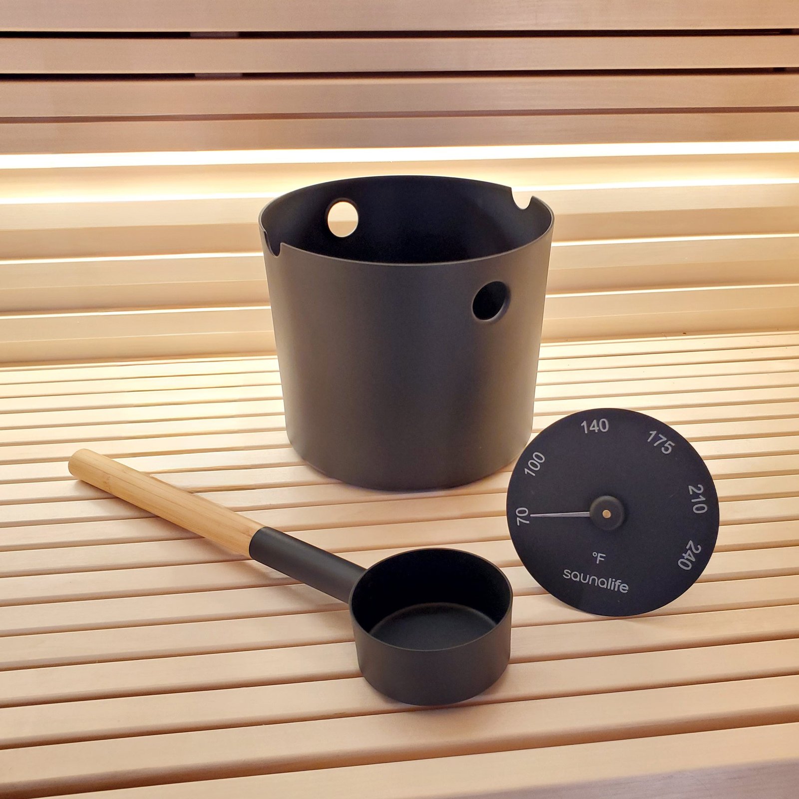 SaunaLife Accessory Package 6 - Aluminum 1-Gallon Sauna Bucket Set with Wood Ladle and Thermometer - Black