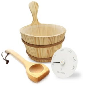 SaunaLife Accessory Package 4, Wooden 1-Gallon Sauna Bucket Set with Wood Ladle and White Thermometer