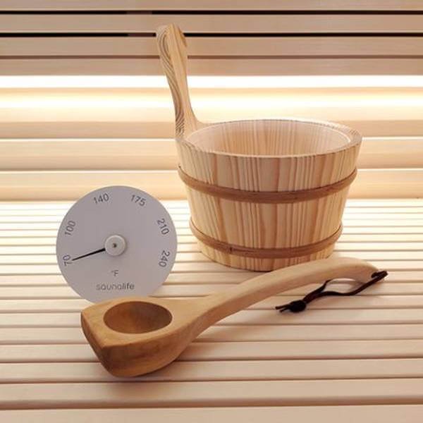 SaunaLife Accessory Package 4, Wooden 1-Gallon Sauna Bucket Set with Wood Ladle and White Thermometer - Image 2