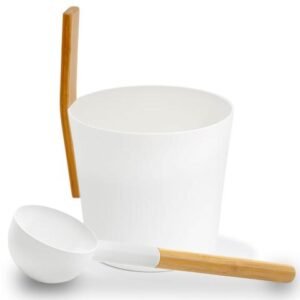 Kolo Sauna Bucket (w/ straight handle) + Ladle Set, Aluminum/Bamboo, 1 Gal - White