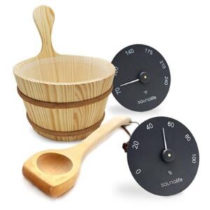 SaunaLife Accessory Package 3: Wooden Sauna Bucket, Ladle, Thermometer, and Hygrometer – Black