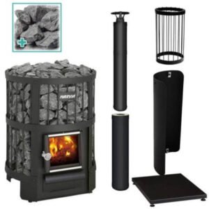 Harvia Legend PKG BLK Harvia Legend Package, Legend 150 Stove, Protective Bedding, Protective Sheath, Chimney Kit, Chimney Extension, Stones