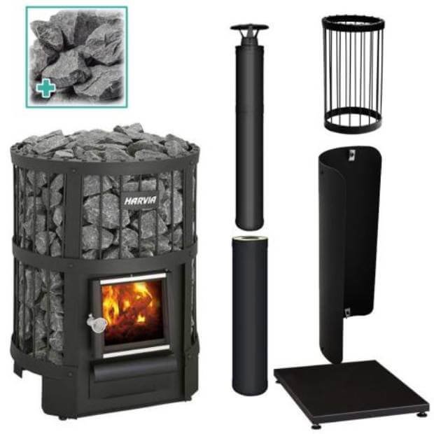 Harvia Legend PKG BLK Harvia Legend Package, Legend 150 Stove, Protective Bedding, Protective Sheath, Chimney Kit, Chimney Extension, Stones