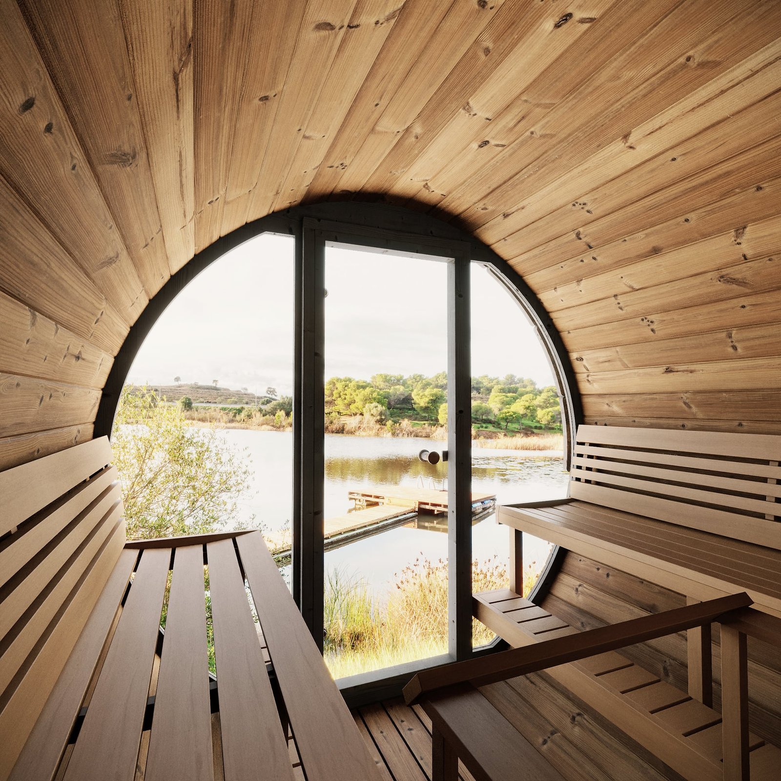 SaunaLife EE8G 6-Person Barrel Sauna w/ Rear Benches & Front Windows, 79"L x 91"D - Image 3