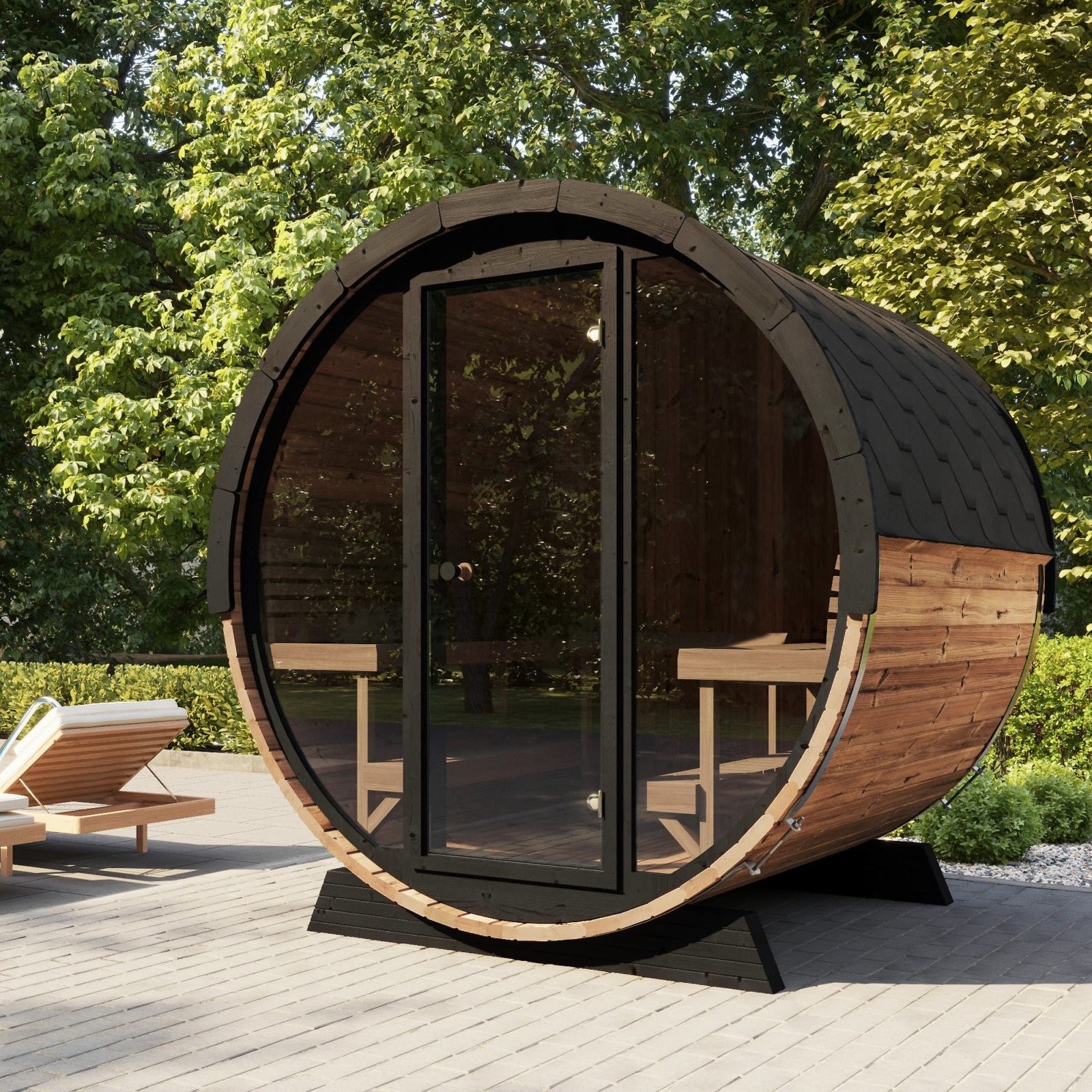 SaunaLife EE8G 6-Person Barrel Sauna w/ Rear Benches & Front Windows, 79"L x 91"D - Image 4