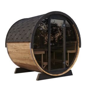 SaunaLife EE8G 6-Person Barrel Sauna w/ Rear Benches & Front Windows, 79"L x 91"D